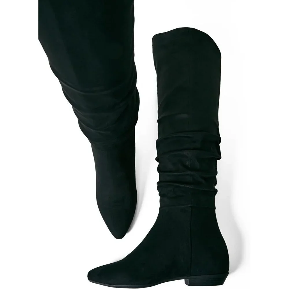 Women's Black Suede Thigh High Boots Faux Leather Chunky Heel Over The Knee Boot